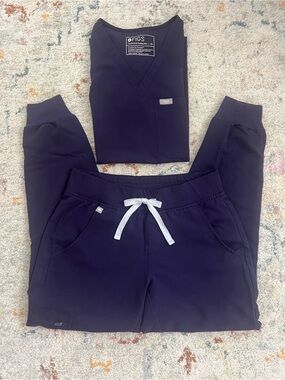 FIGS Women's Dark Purple Scrub Set - V-Neck Top & Drawstring Pants